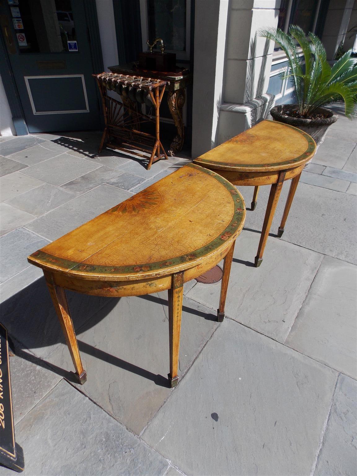 Hand-Carved Pair of Italian Demi-Lune Painted Floral Consoles with Spade Feet, Circa 1830 For Sale