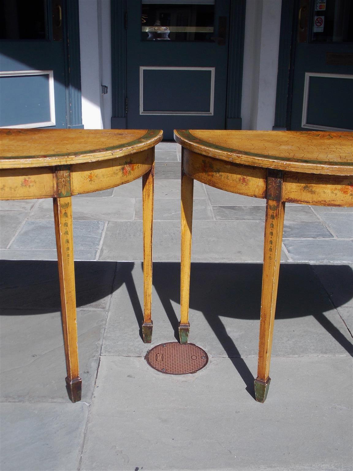 Pair of Italian Demi-Lune Painted Floral Consoles with Spade Feet, Circa 1830 For Sale 1