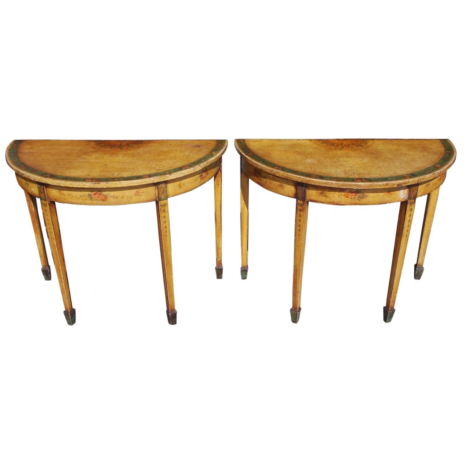 Pair of Italian Demi-Lune Painted Floral Consoles with Spade Feet, Circa 1830