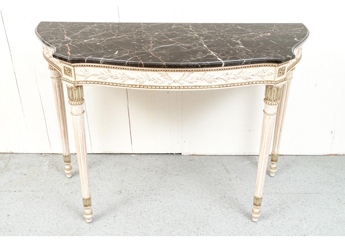 Pair Of Italian Demilune Console Tables with Black Marble Tops For Sale 1