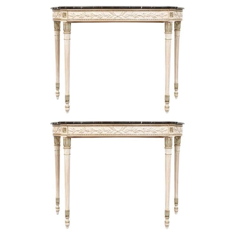 Pair Of Italian Demilune Console Tables with Black Marble Tops For Sale