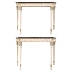 Vintage Pair Of Italian Demilune Console Tables with Black Marble Tops