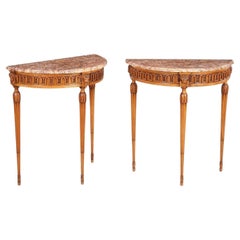 Pair of Italian Demilune Marble Top Consoles
