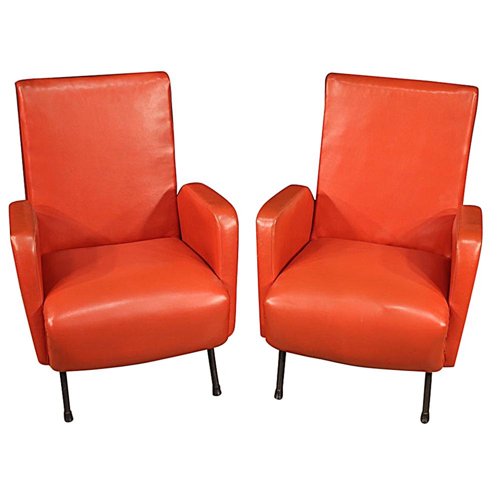 Pair of Italian Design Armchairs in Red Faux Leather For Sale