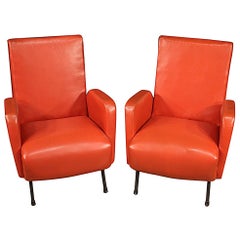 Pair of Italian Design Armchairs in Red Faux Leather