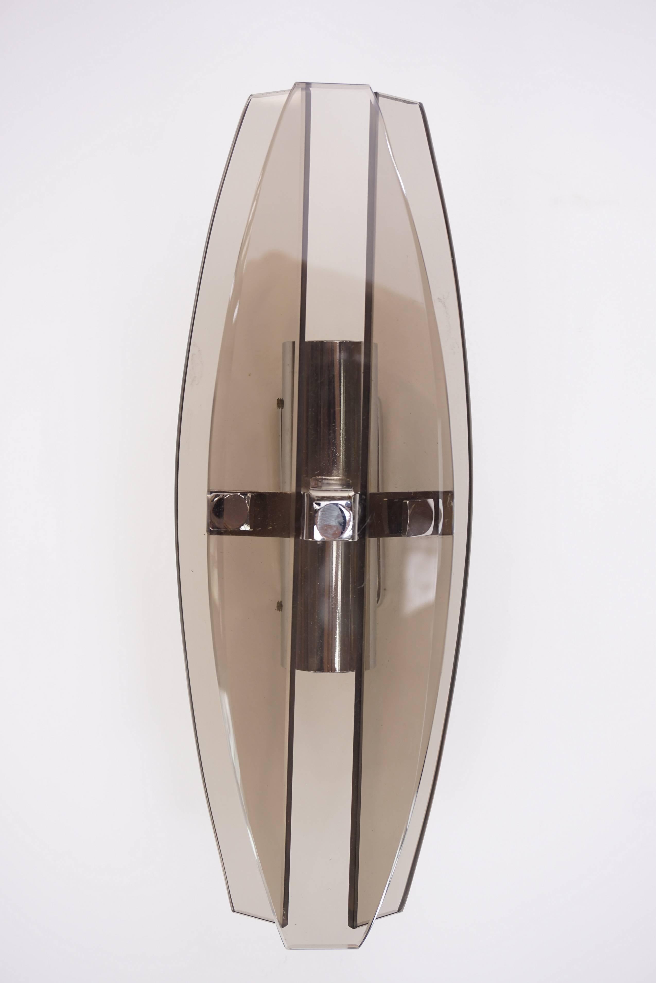 Pair of Italian Design Chrome and Smoked Glass Sconces by Veca 7
