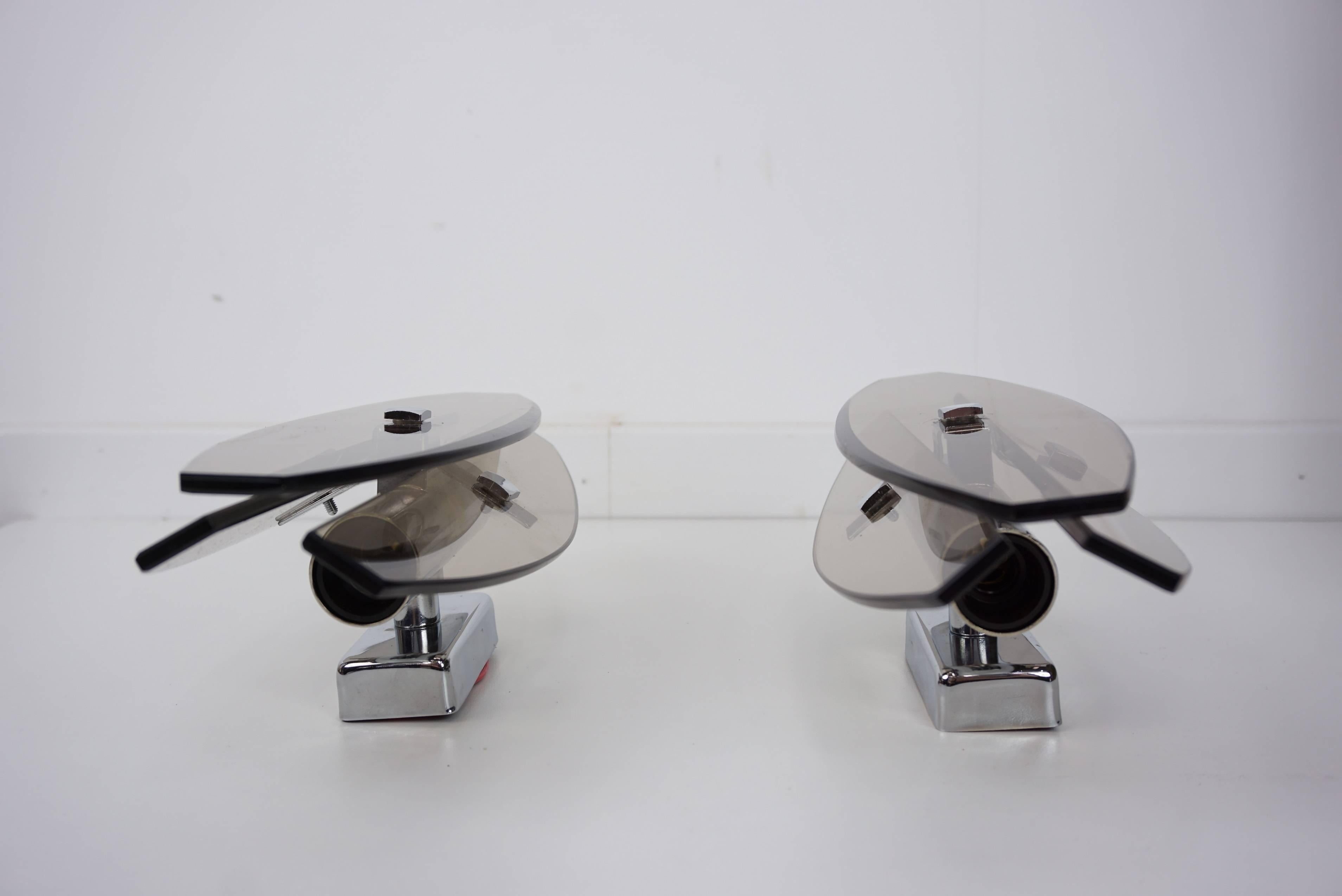 Space Age Pair of Italian Design Chrome and Smoked Glass Sconces by Veca