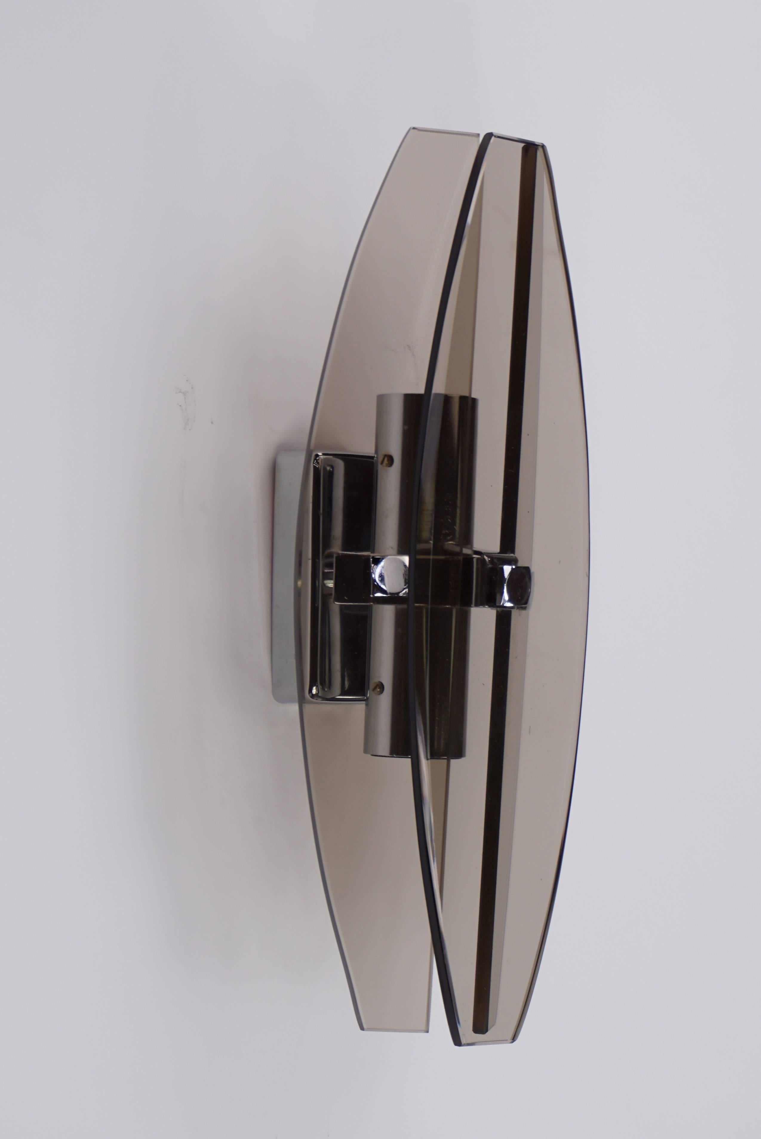 Pair of Italian Design Chrome and Smoked Glass Sconces by Veca 1