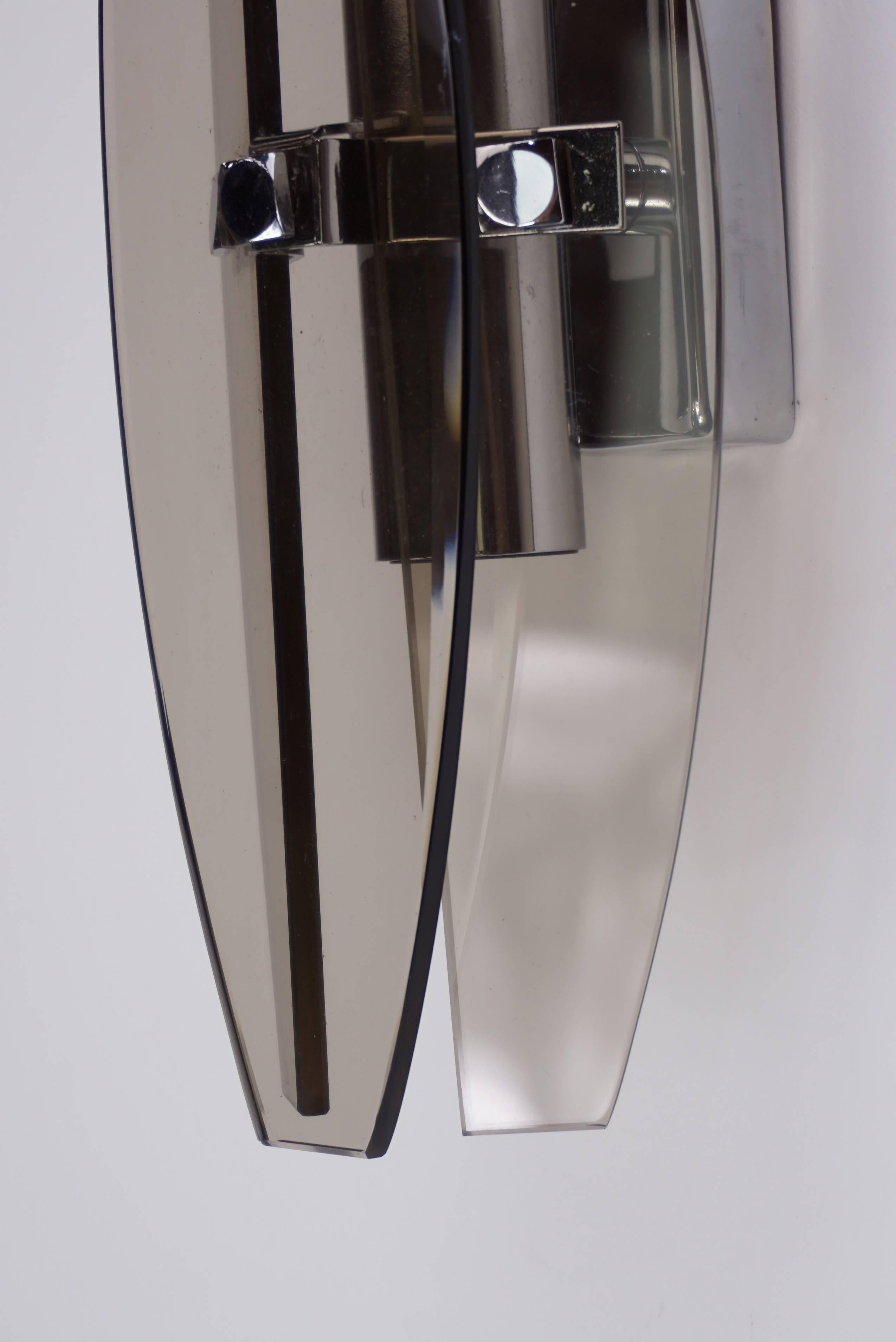 Pair of Italian Design Chrome and Smoked Glass Sconces by Veca 2
