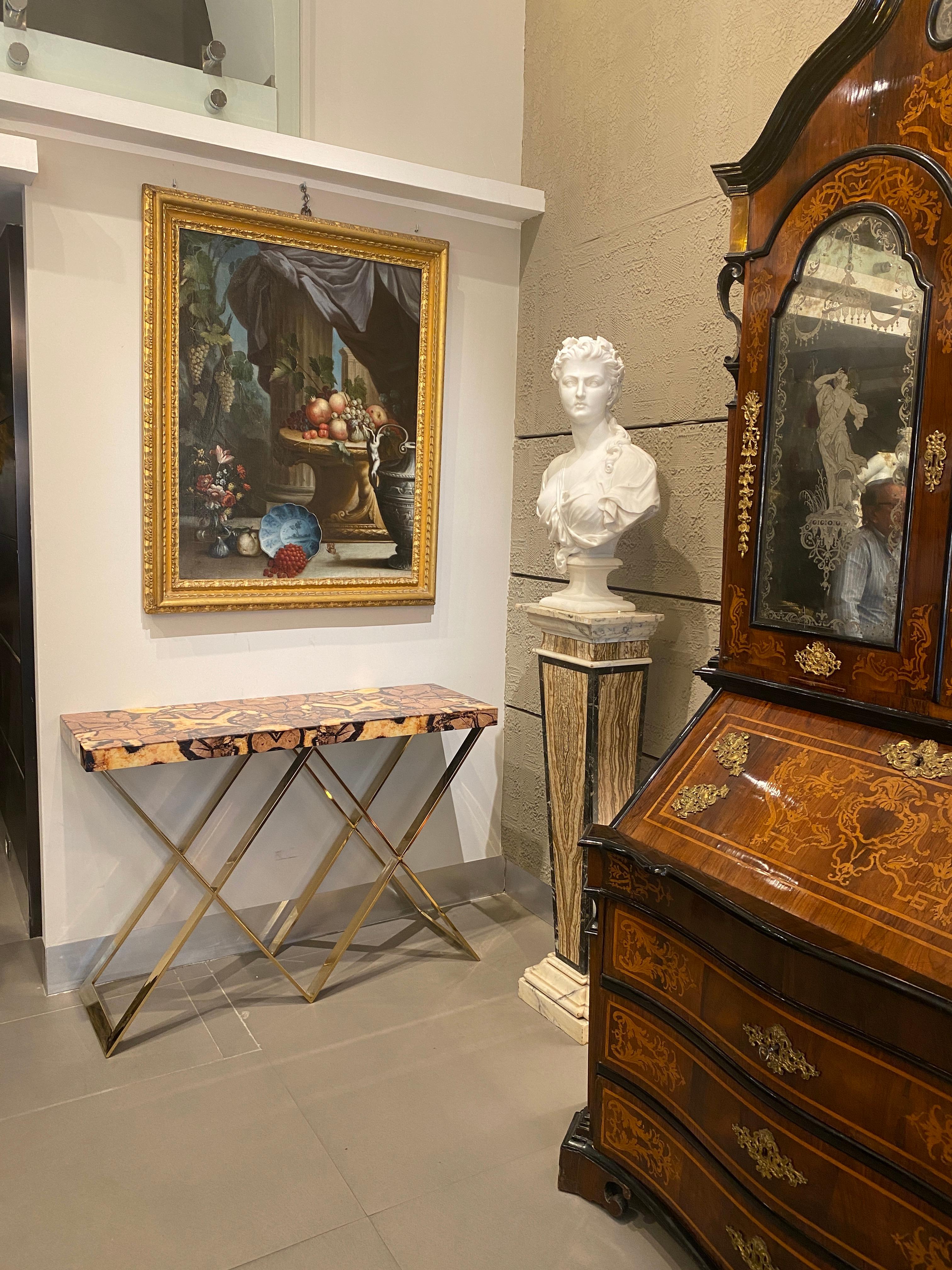 Pair of Italian Design Marble Imitation Top Console Tables For Sale 7