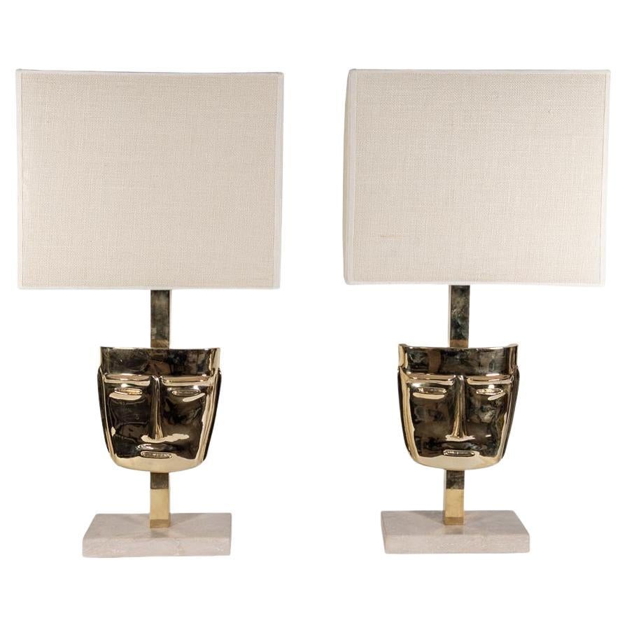 Pair of Italian design Mask Table Lamps cast Brass and Travertine Marble Base For Sale