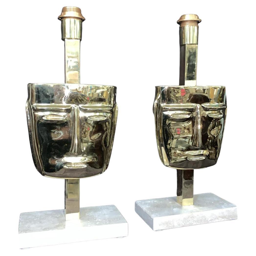 Pair of Italian design  Masks Table Lamps cast Brass Travertine  Marble Base en venta