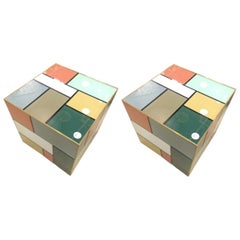 Pair of Italian Designed Glass Cubes/Side Tables in the Style of Piet Mondrian