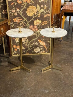 Pair of Italian Designer Brass and Carrara Marble Drink Tables