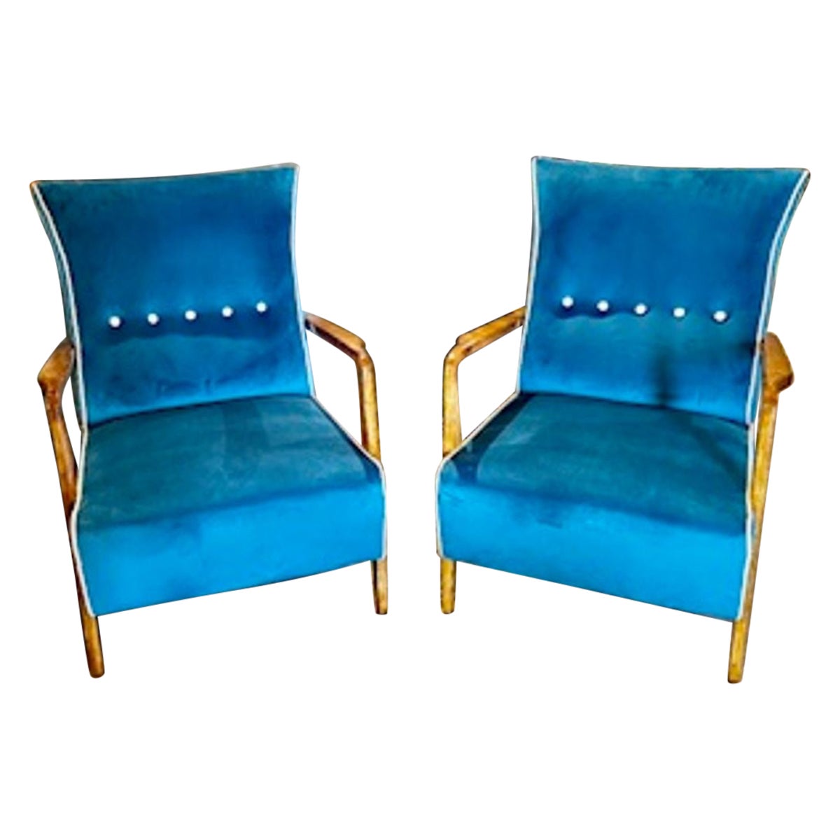 Pair of Italian Designer Mid Century Walnut Armchairs For Sale