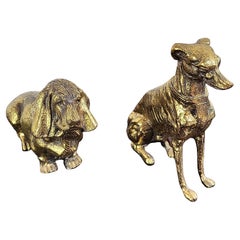 Retro Pair of Italian Desk Top Brass Bronze Dog Sculptures Paperweight Book Holders