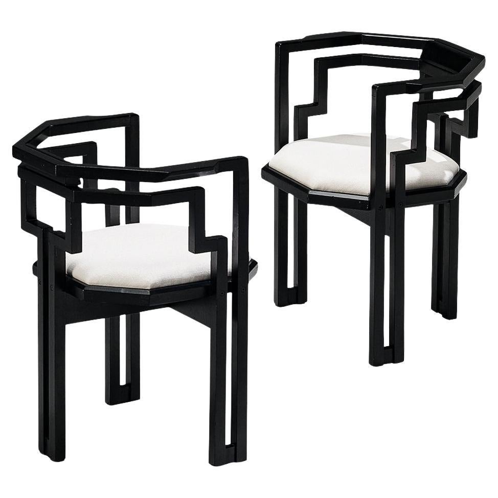 Pareja de Sillas de Comedor Italianas de Roble Lacado Negro y Tapicería Blanca