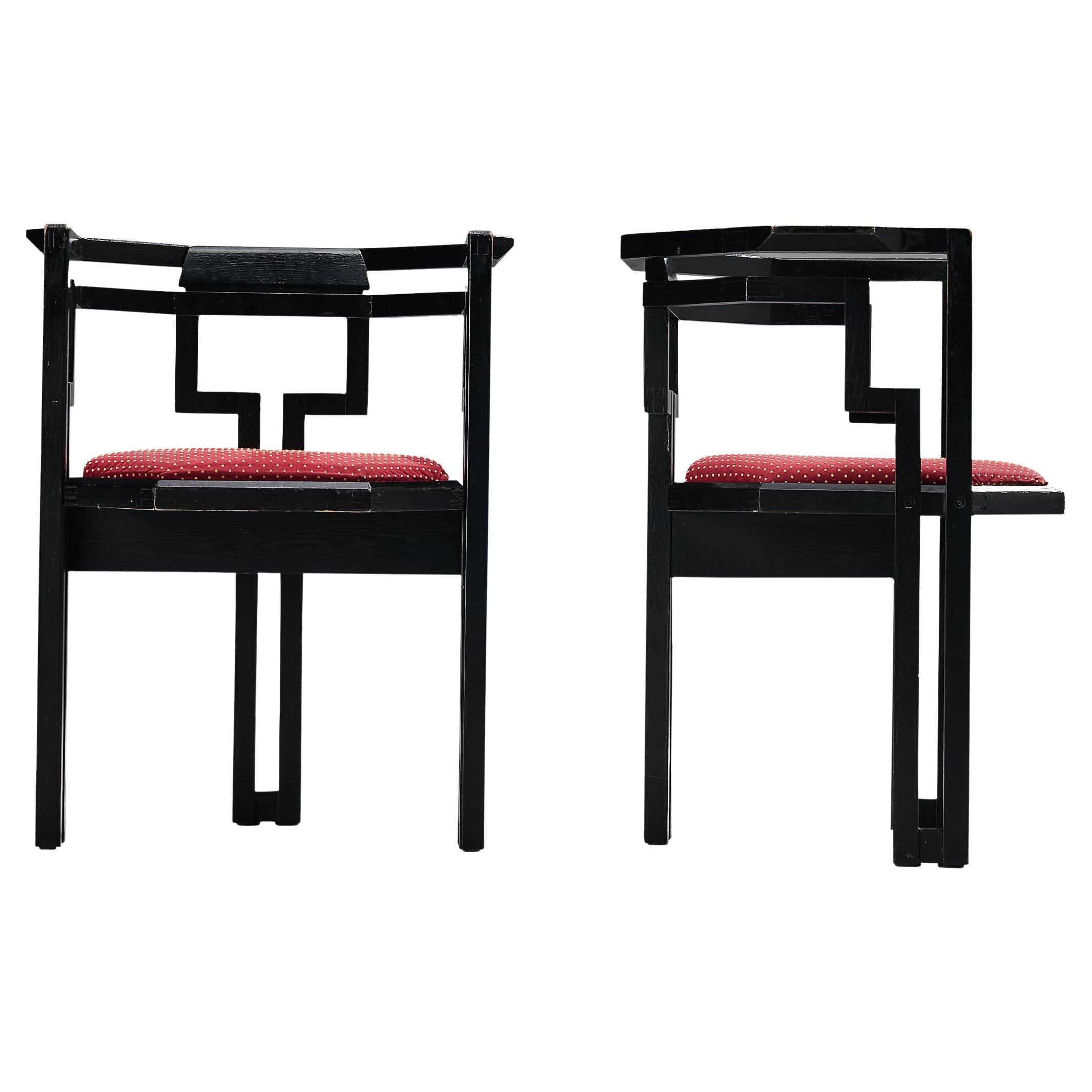 Paar italienische Esszimmerstühle aus Eiche mit lebhaftem roter Polsterung