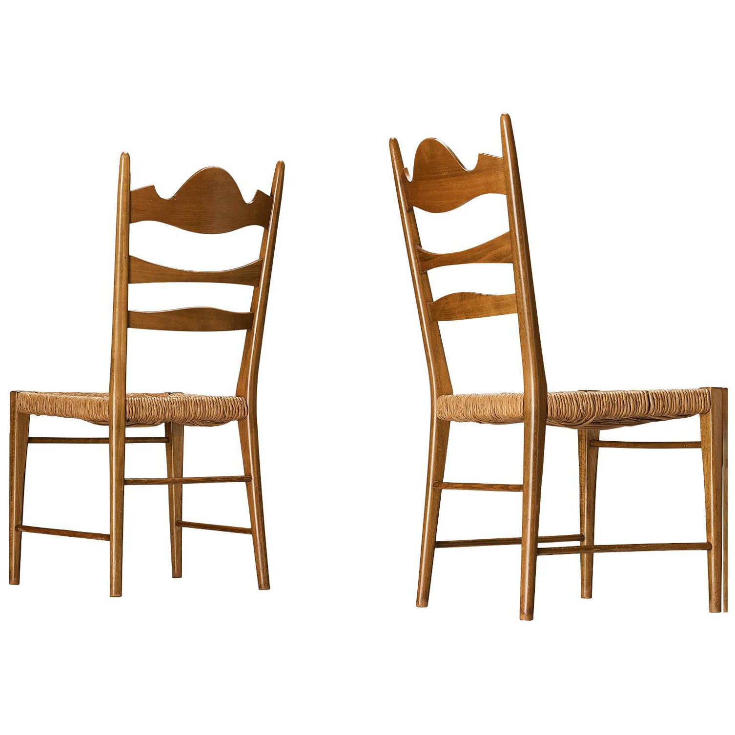 Pair of Italian Dining Chairs with Carved Backs and Straw Seats