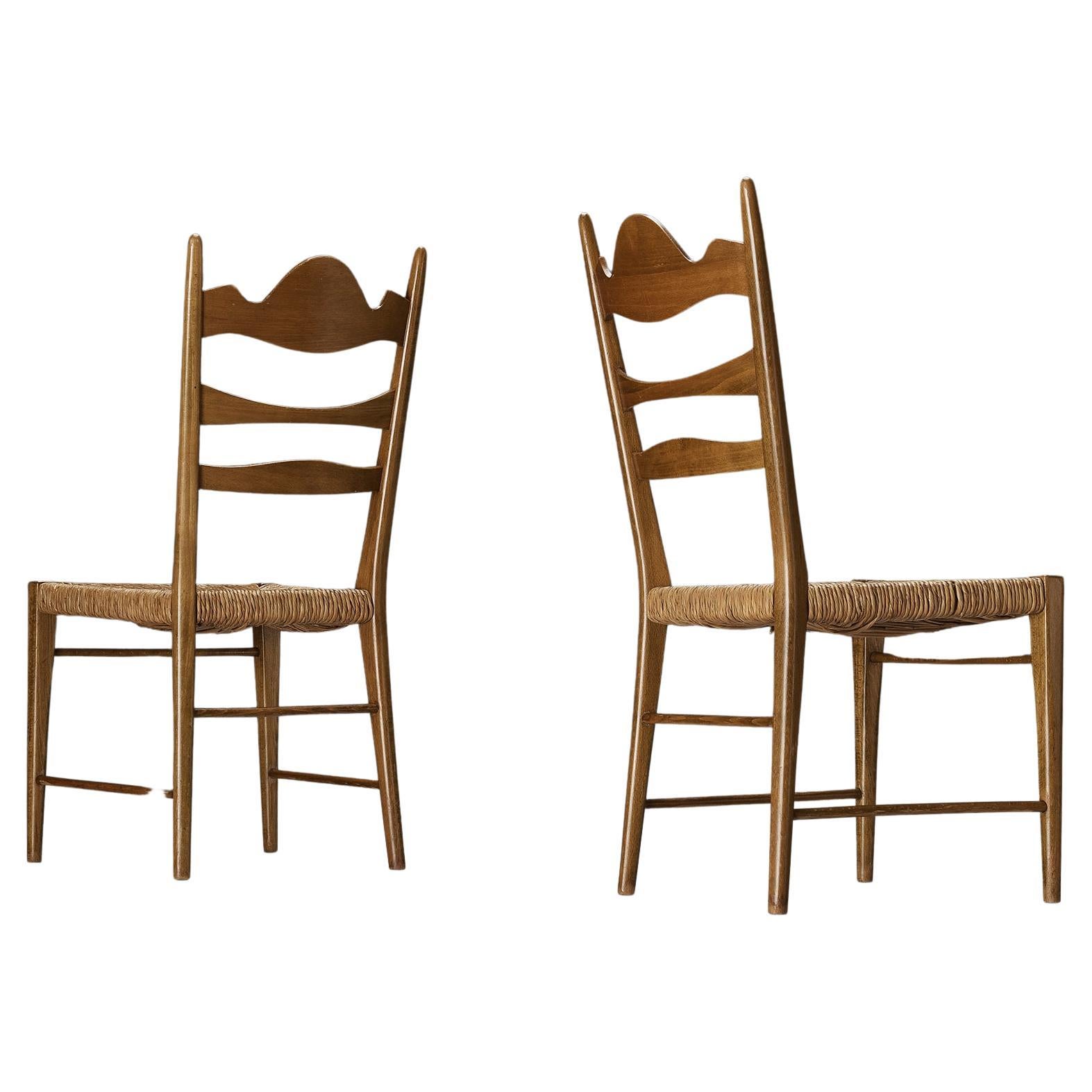 Pair of Italian Dining Chairs with Carved Backs and Straw Seats  For Sale