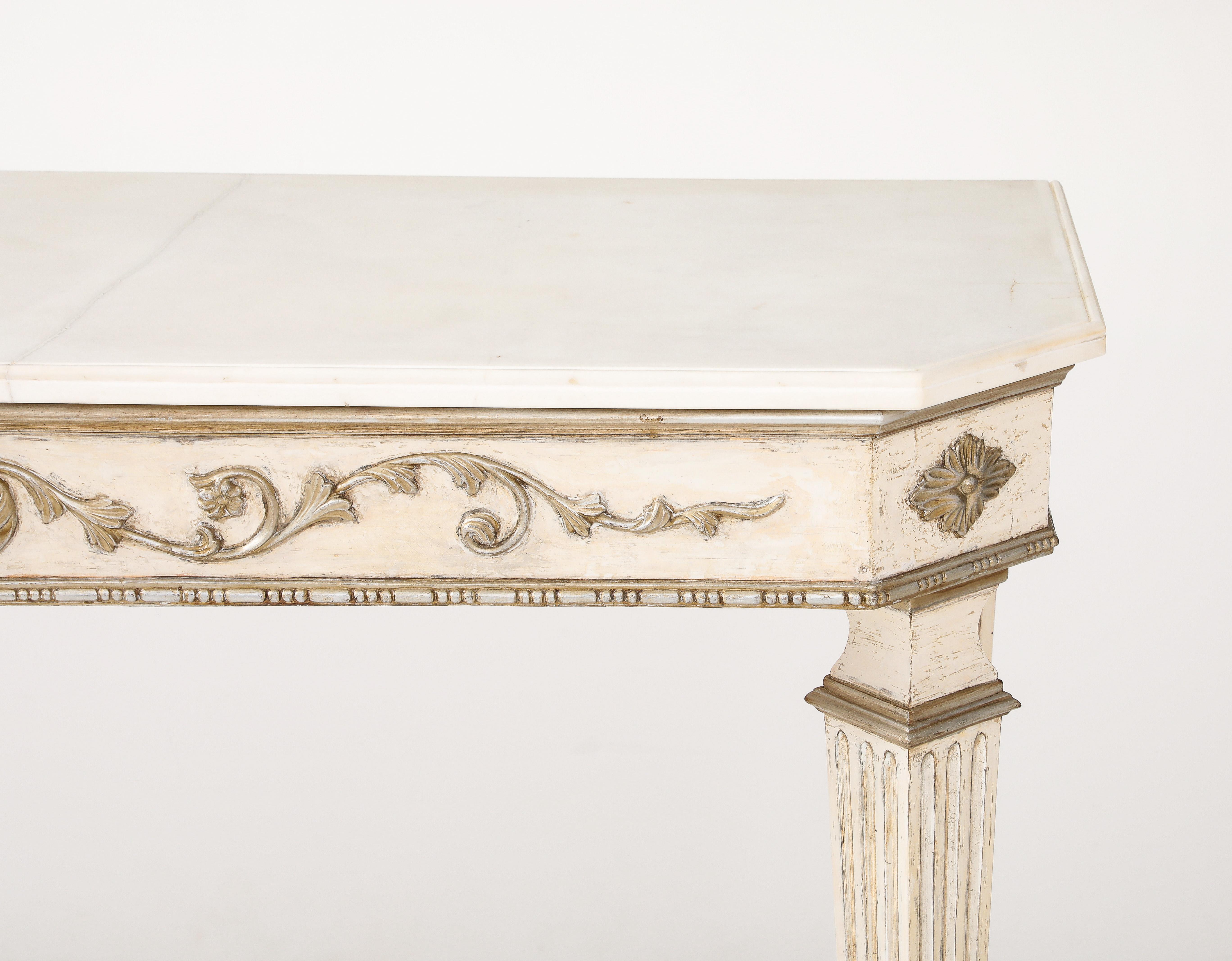 Hand-Carved Pair of Italian Directoire Carved and Painted Console Tables, circa 1810 For Sale