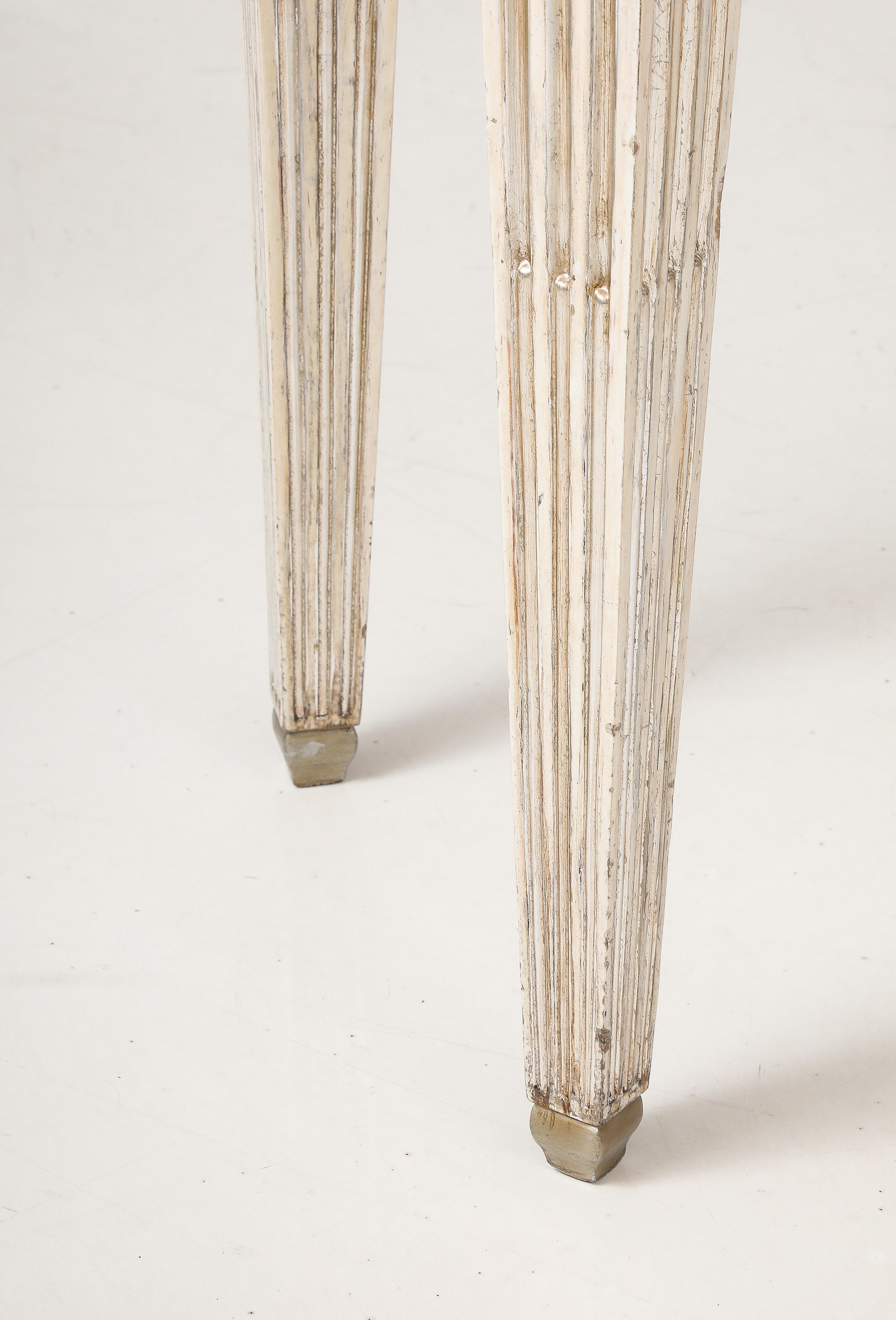 Carrara Marble Pair of Italian Directoire Carved and Painted Console Tables, circa 1810 For Sale