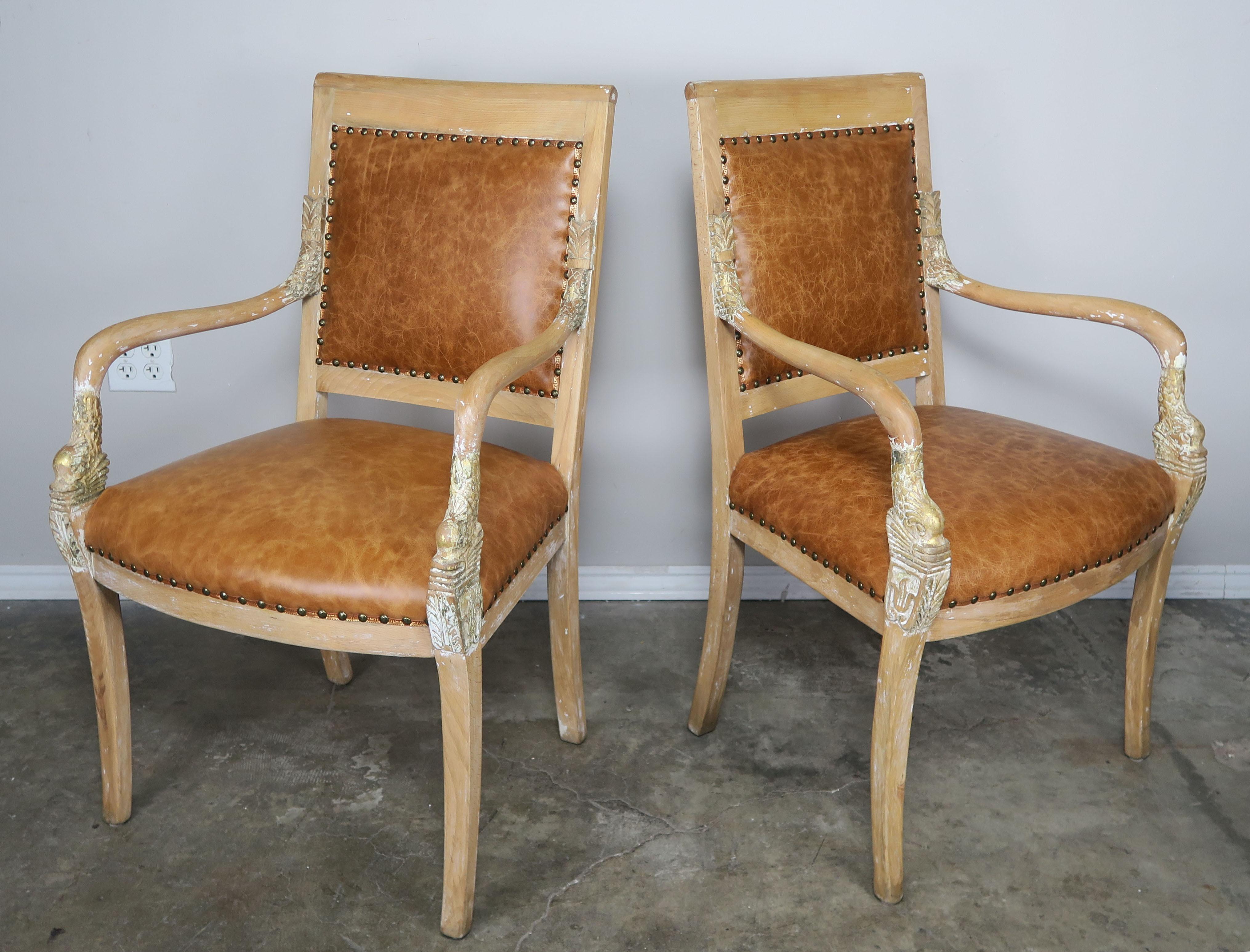 Neoclassical Pair of Italian Dolphin Leather Upholstered Armchairs