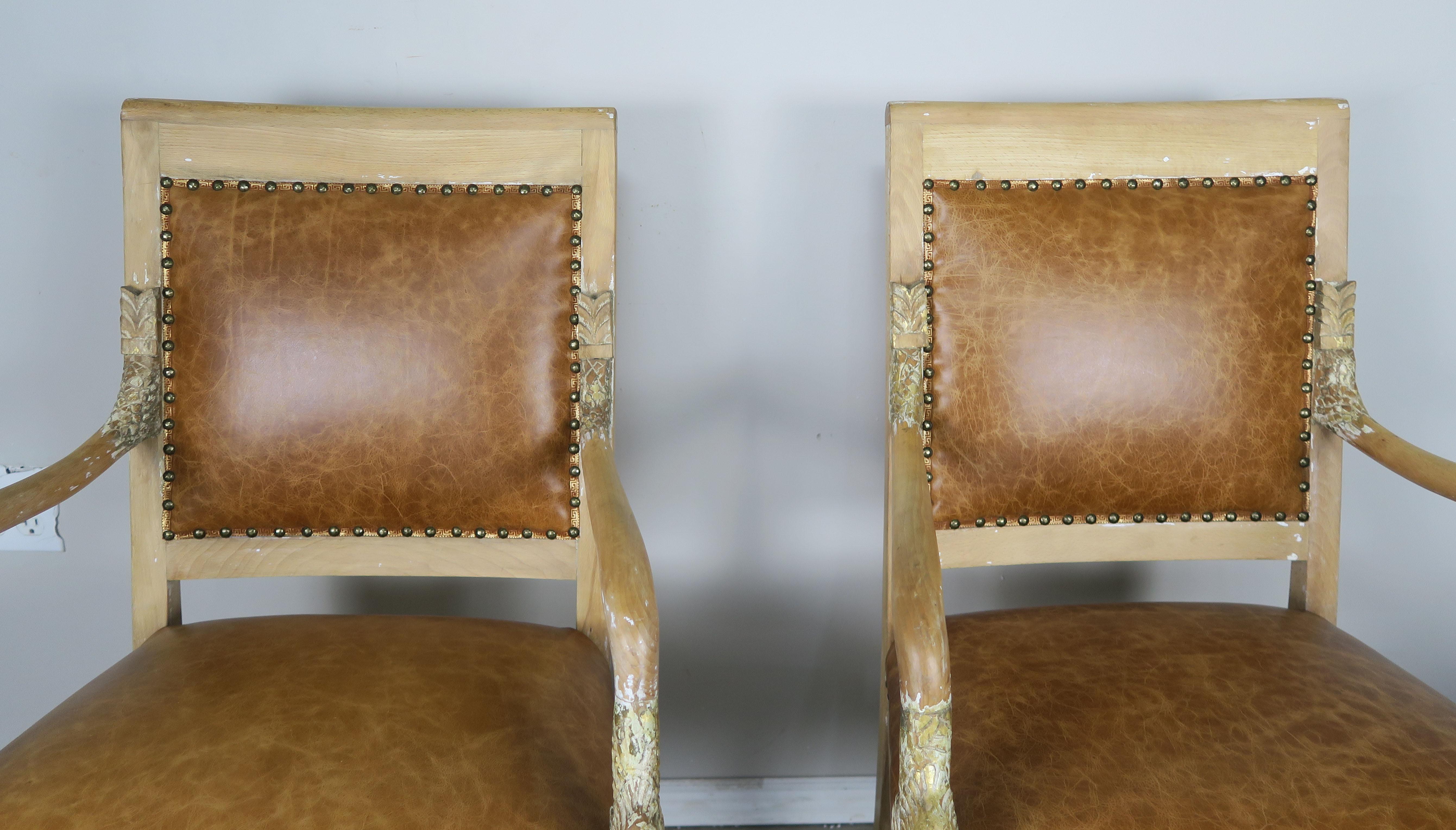 Painted Pair of Italian Dolphin Leather Upholstered Armchairs