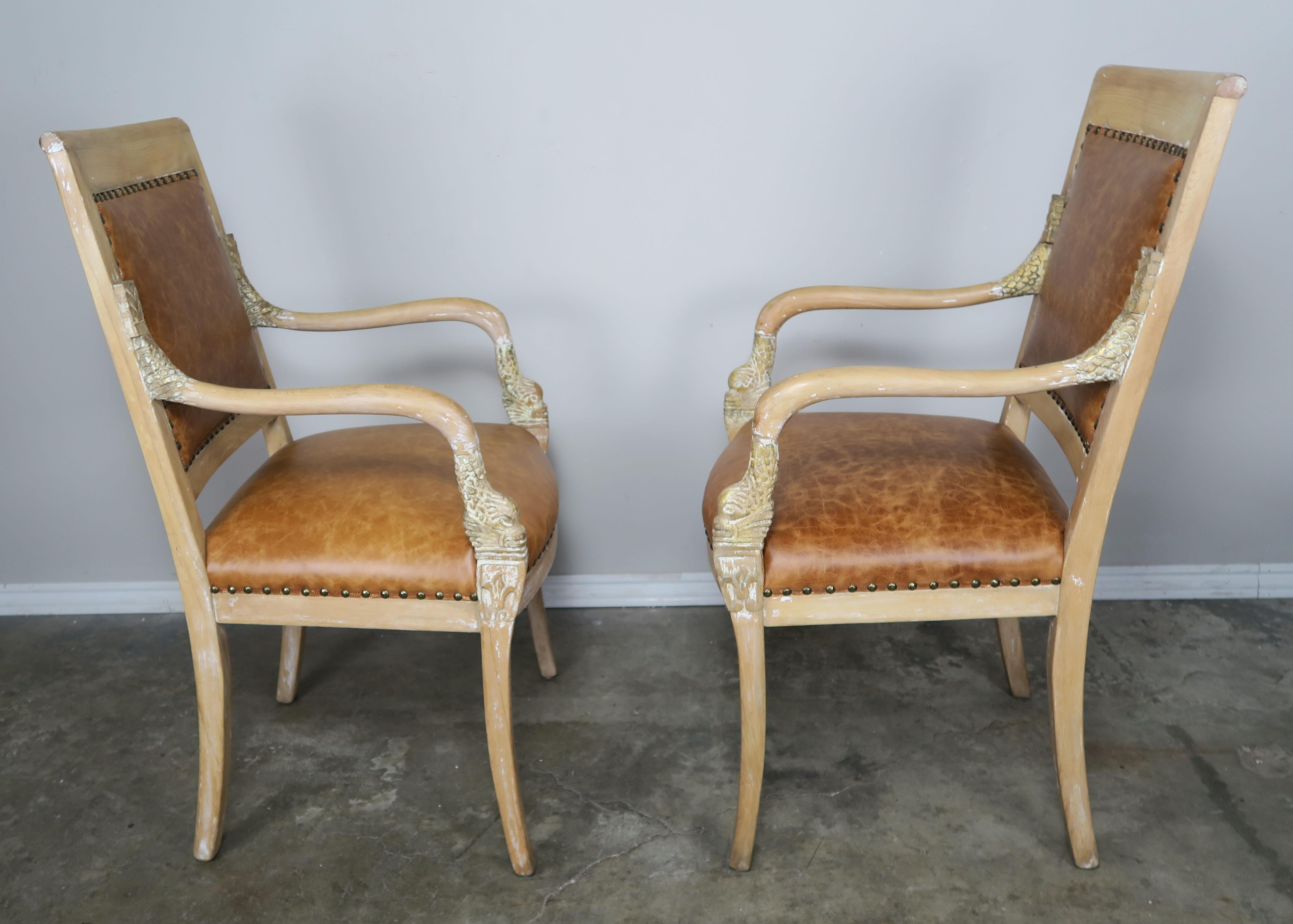 20th Century Pair of Italian Dolphin Leather Upholstered Armchairs