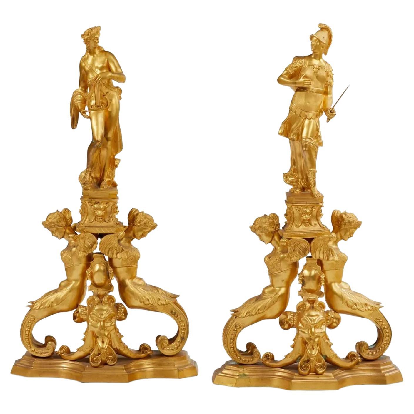 Pair of Italian D'ore Figural Andirons "Apollo & Mars" 'Early 20th Century' For Sale