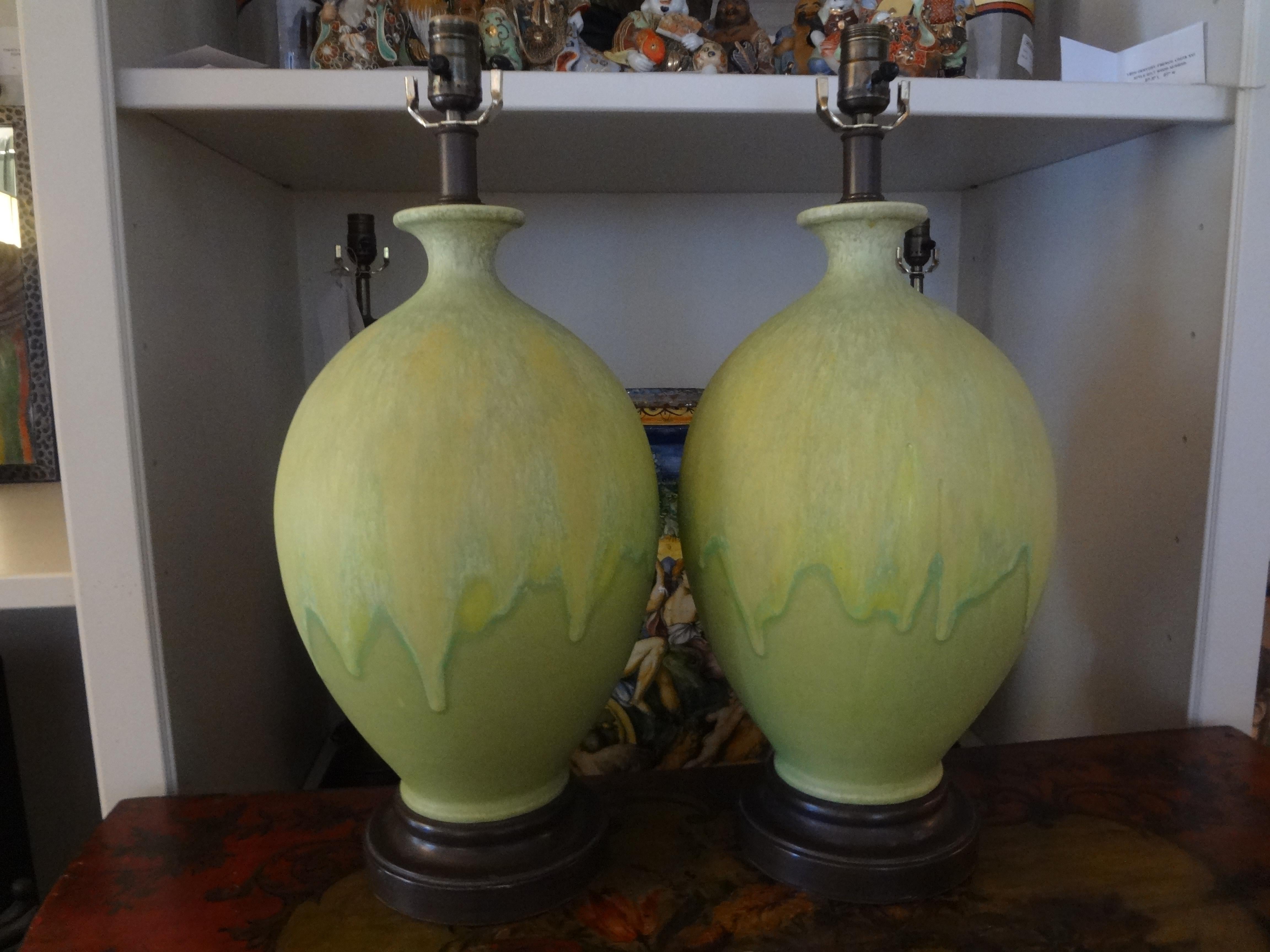 Hollywood Regency Pair of Italian Drip Glazed Chartreuse Lamps