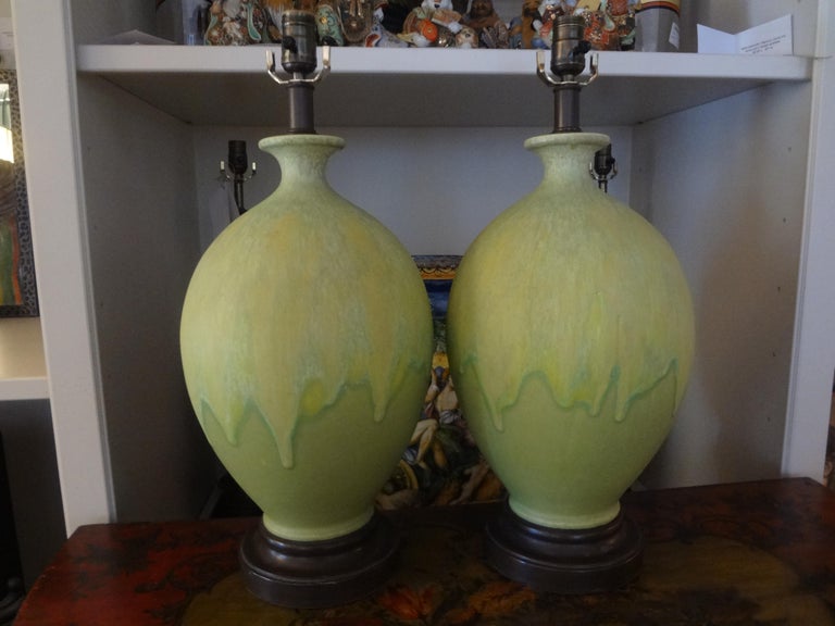 Hollywood Regency Pair of Italian Drip Glazed Chartreuse Lamps For Sale