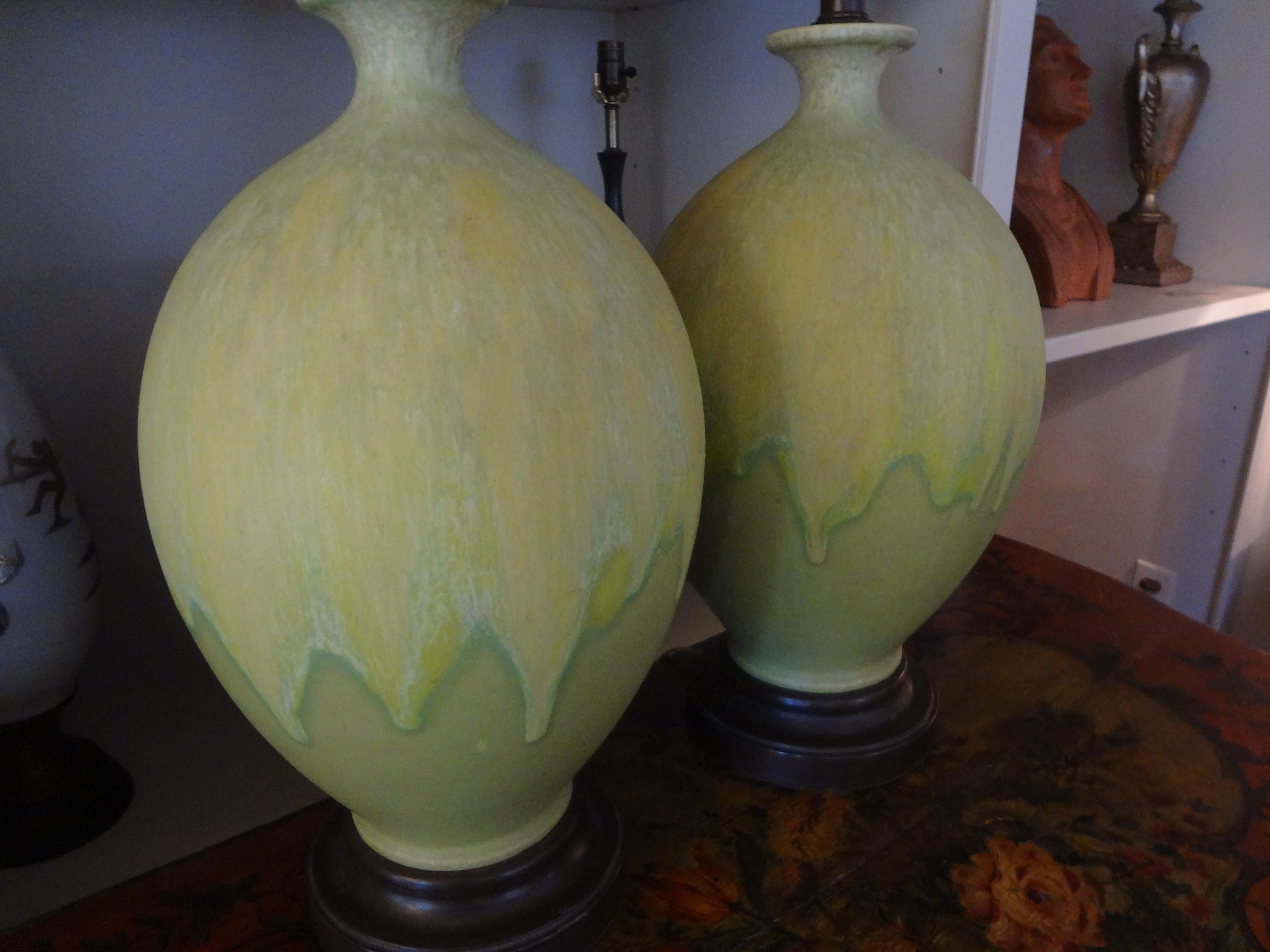 Pair of Italian Drip Glazed Chartreuse Lamps In Good Condition In Houston, TX