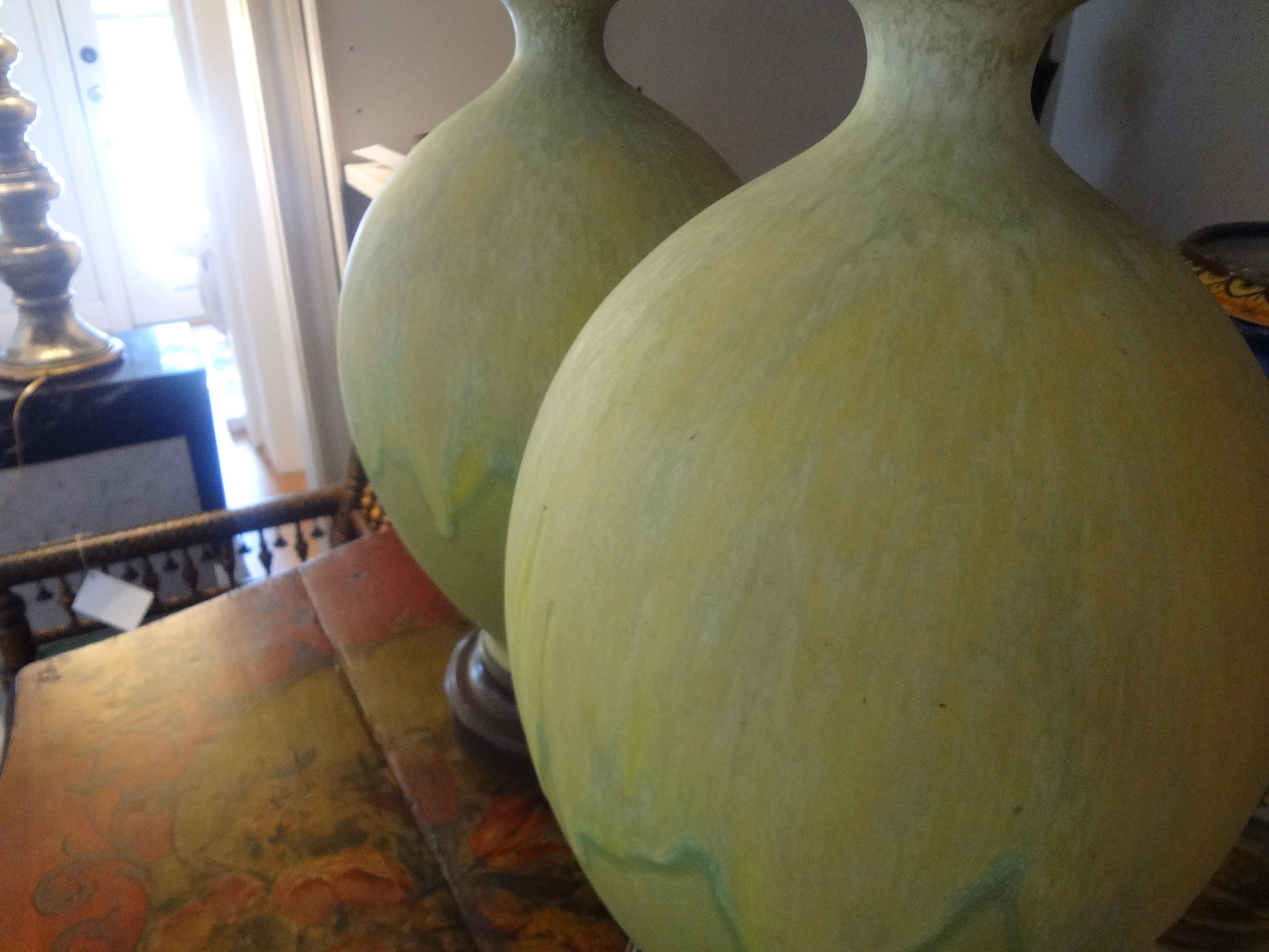 Pair of Italian Drip Glazed Chartreuse Lamps 1