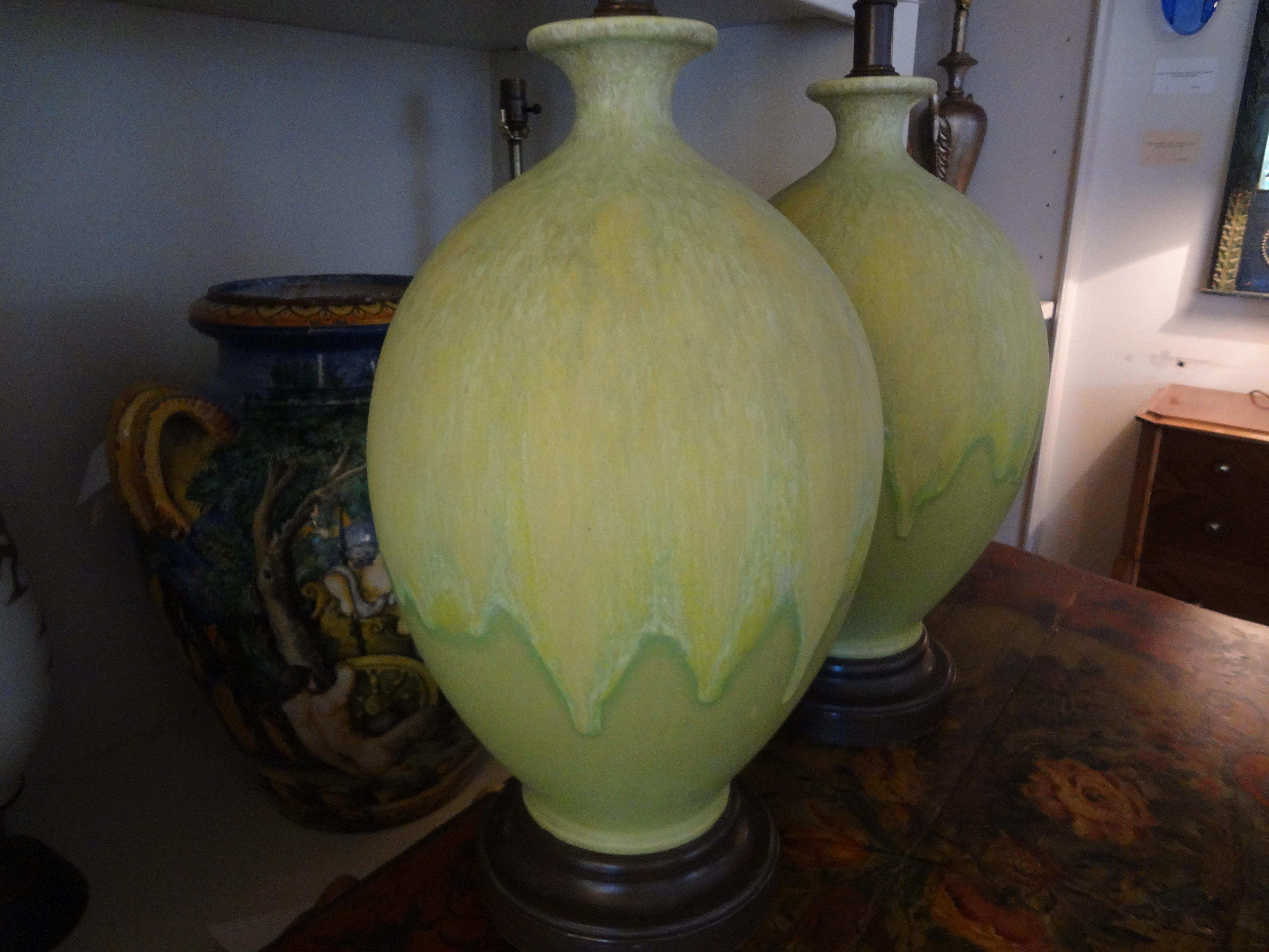 Pair of Italian Drip Glazed Chartreuse Lamps 2
