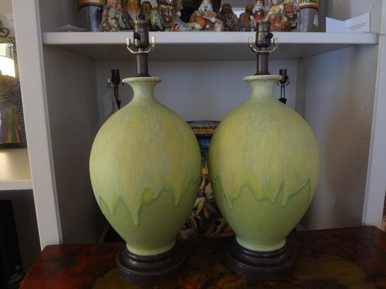 Pair of Italian Drip Glazed Chartreuse Lamps For Sale 3