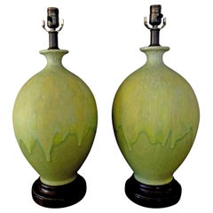 Pair of Italian Drip Glazed Chartreuse Lamps