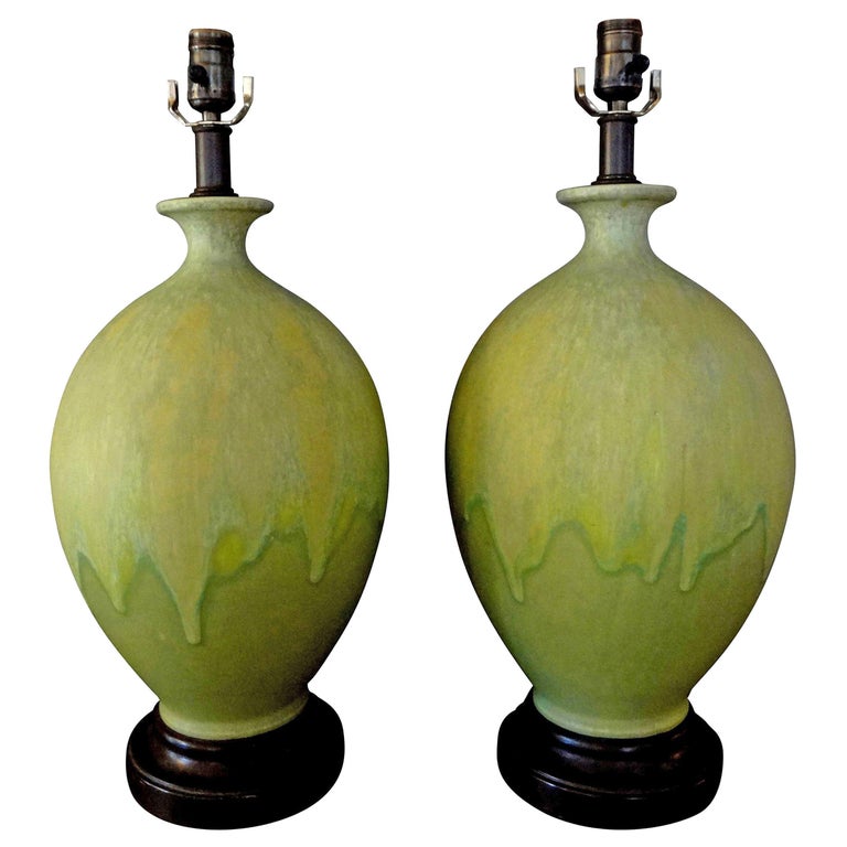 Pair of Italian Drip Glazed Chartreuse Lamps For Sale