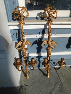 Pair of Italian Eagle and Ribbon Gilt Wood & Gesso Two Arm Wall Sconces, C 1850