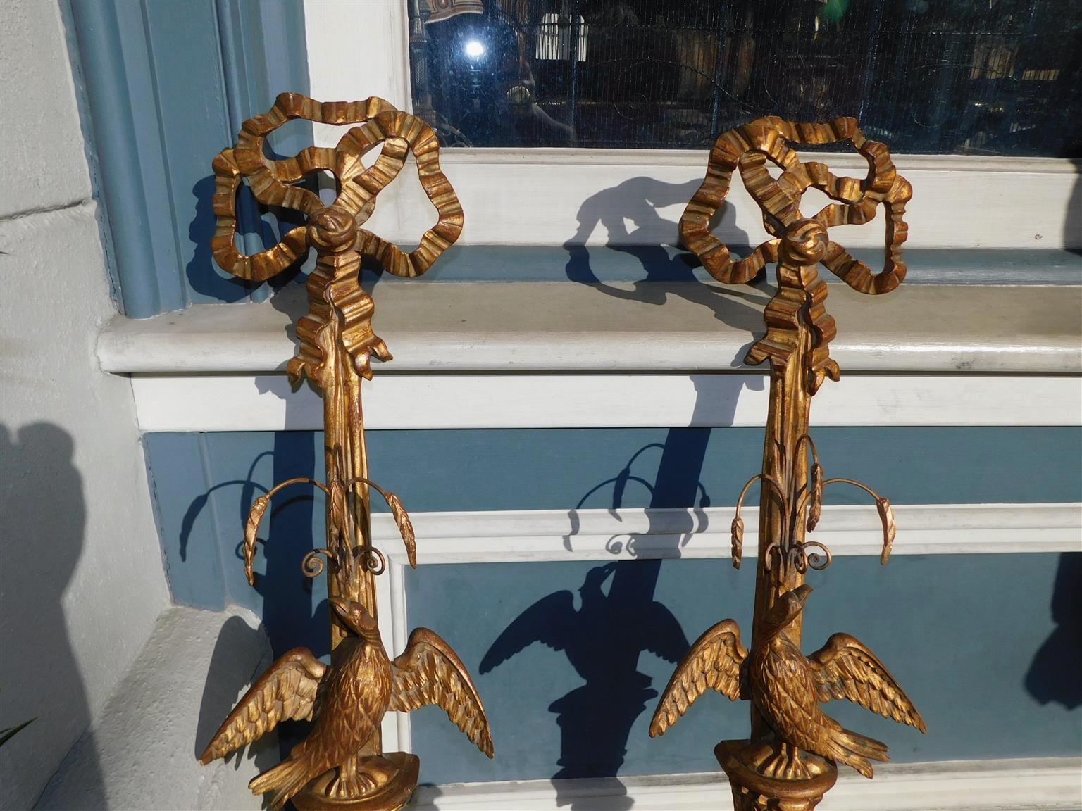 Neoclassical Pair of Italian Eagle and Ribbon Gilt Wood & Gesso Two Arm Wall Sconces, C 1850
