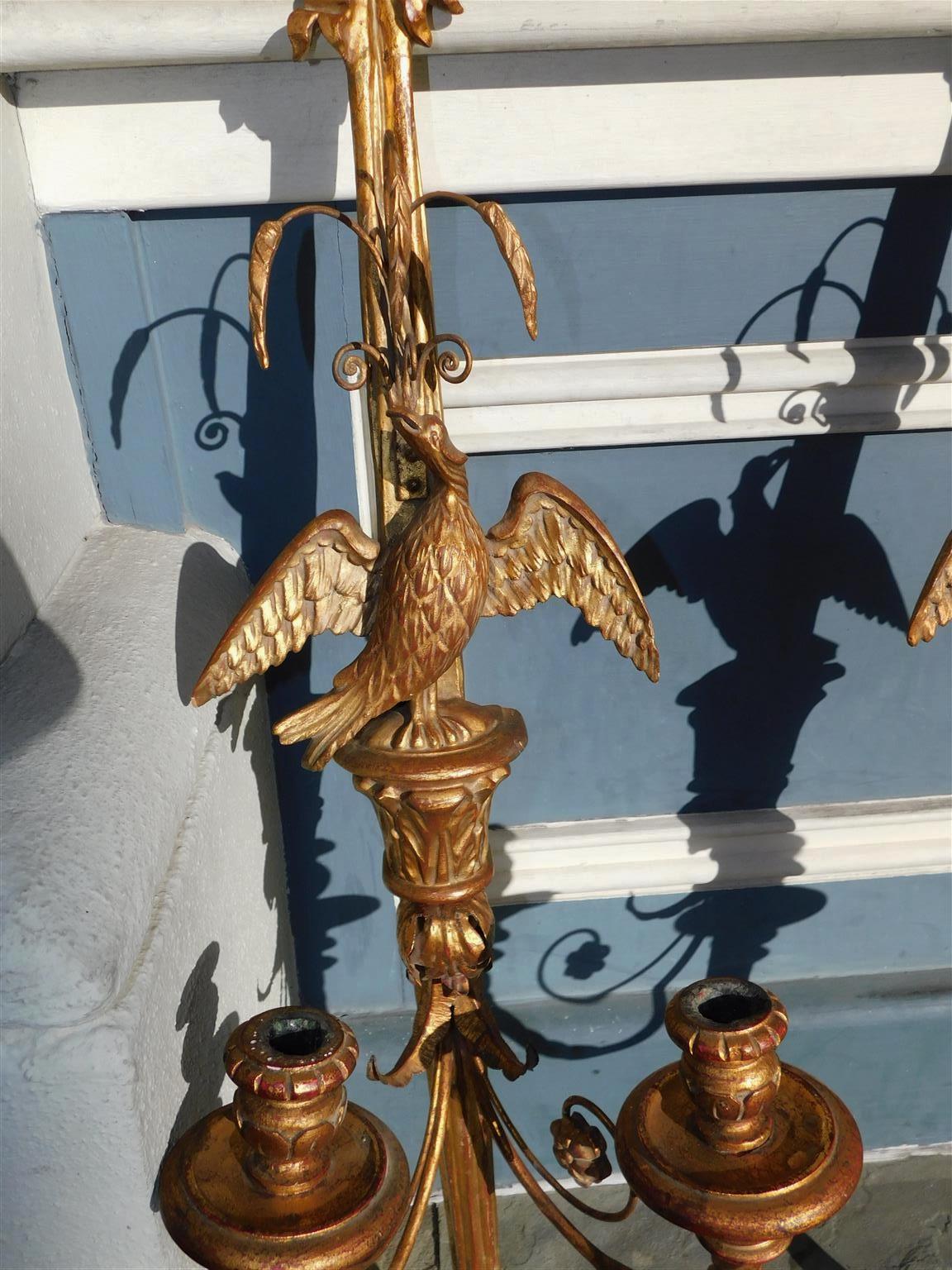 Pair of Italian Eagle and Ribbon Gilt Wood & Gesso Two Arm Wall Sconces, C 1850 In Excellent Condition In Hollywood, SC