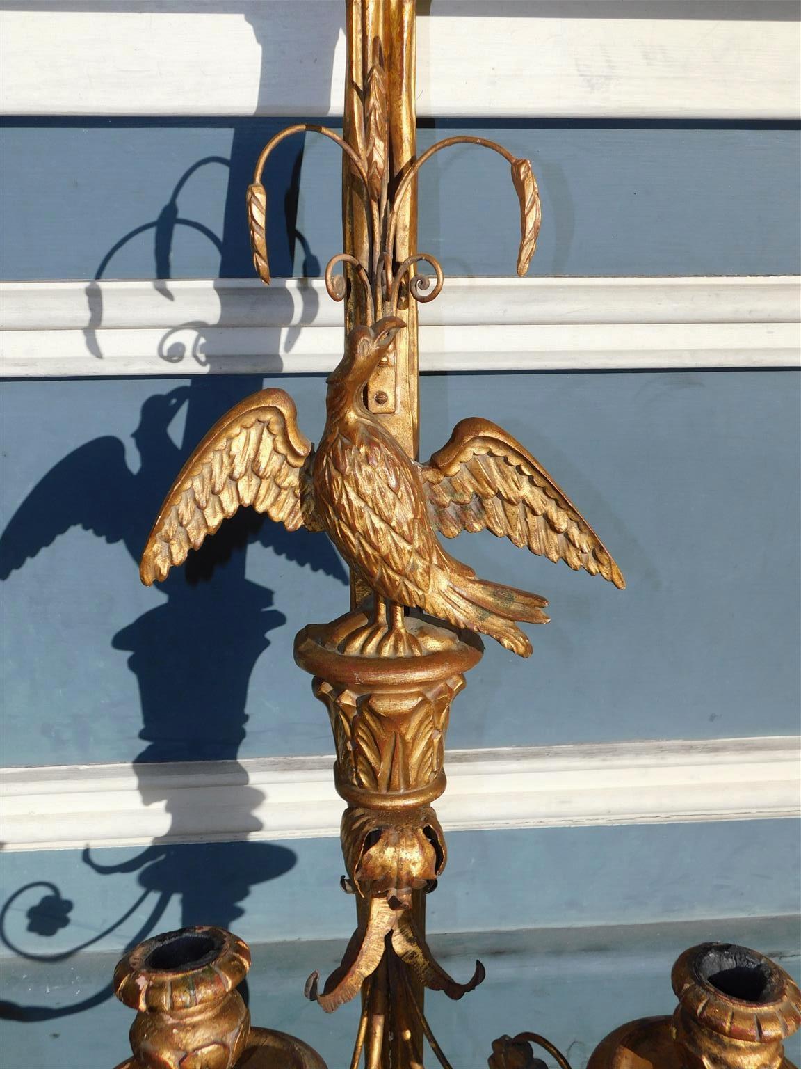 Mid-19th Century Pair of Italian Eagle and Ribbon Gilt Wood & Gesso Two Arm Wall Sconces, C 1850