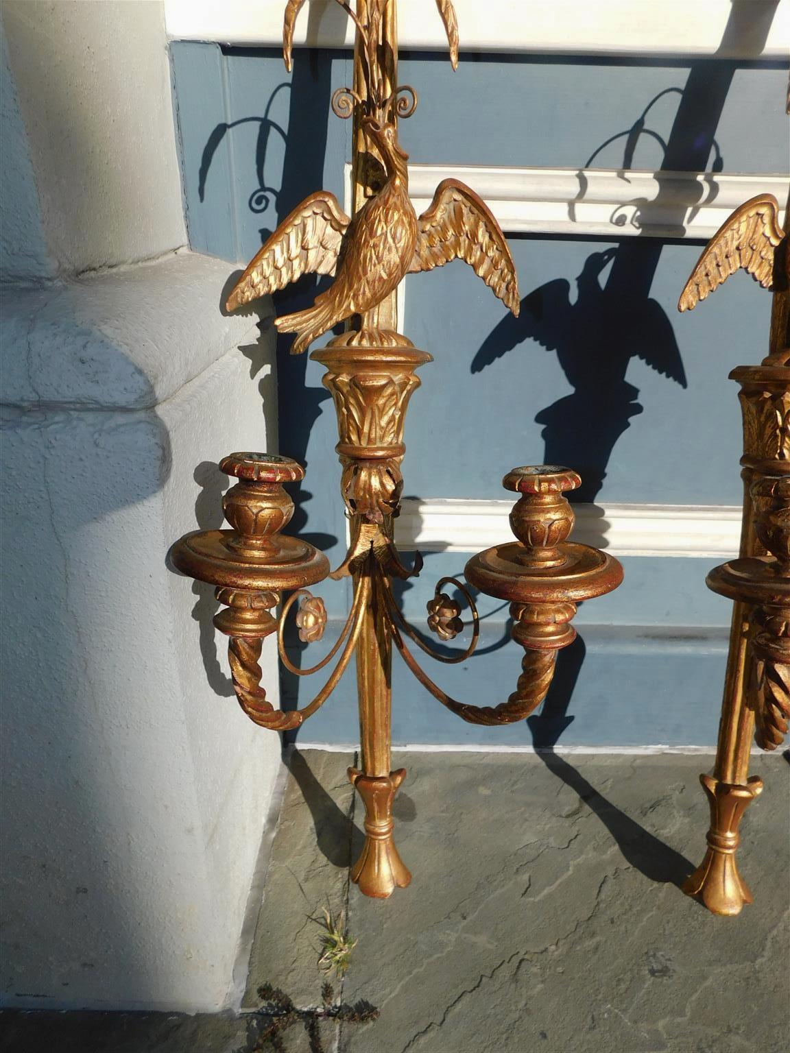 Pair of Italian Eagle and Ribbon Gilt Wood & Gesso Two Arm Wall Sconces, C 1850 1