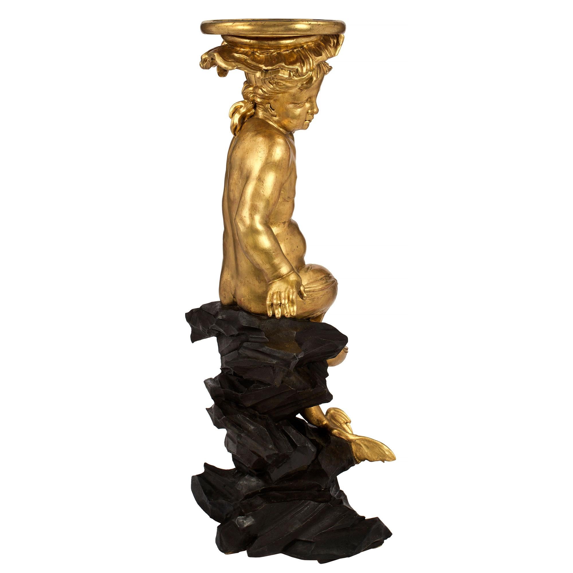 Pair of Italian Early 18th Century Roman Giltwood and Black Polychrome Pedestals 1