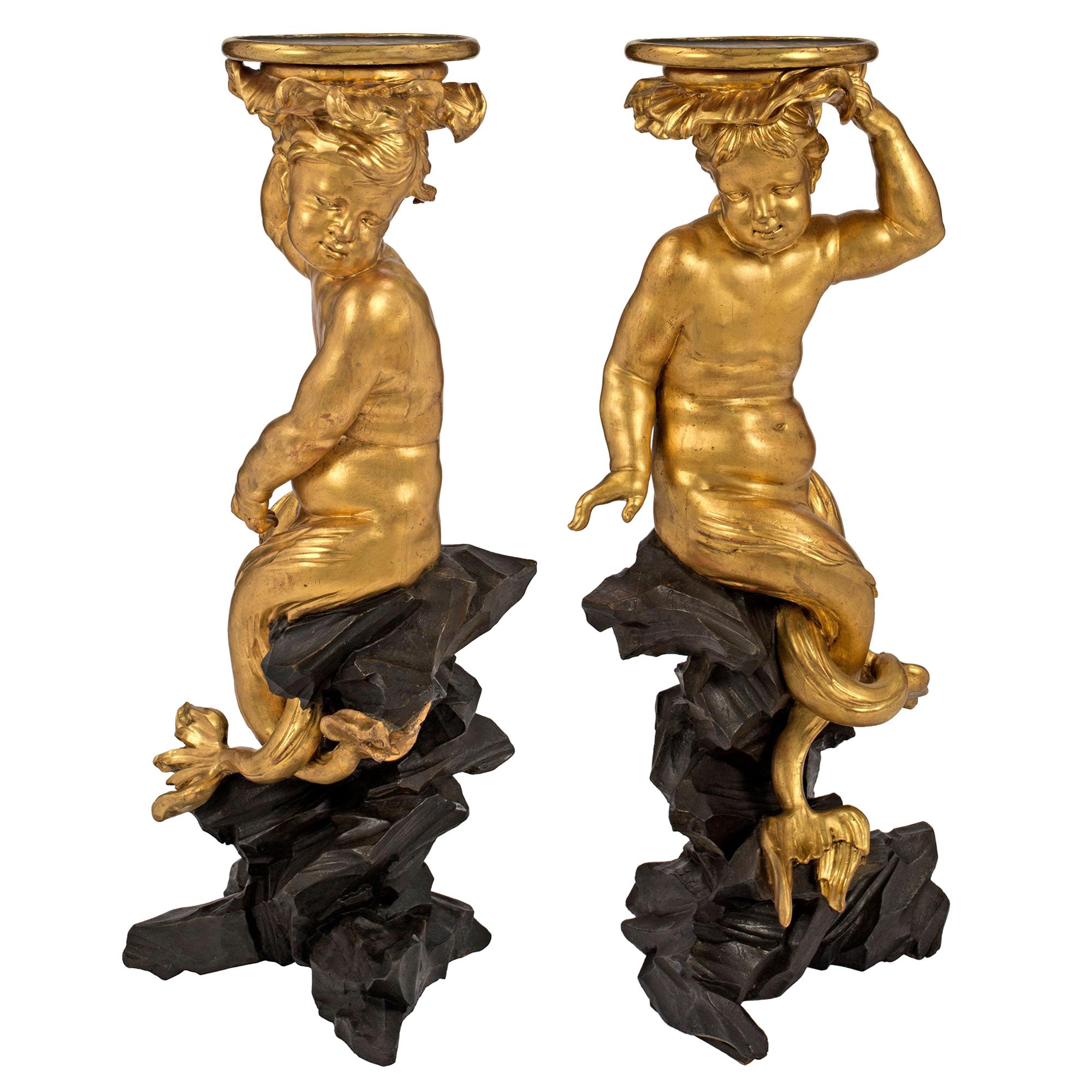 Pair of Italian Early 18th Century Roman Giltwood and Black Polychrome Pedestals