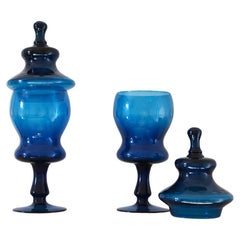 Pair of Italian early 1900s Hand-Blown Blue Glass Apothecary Jars