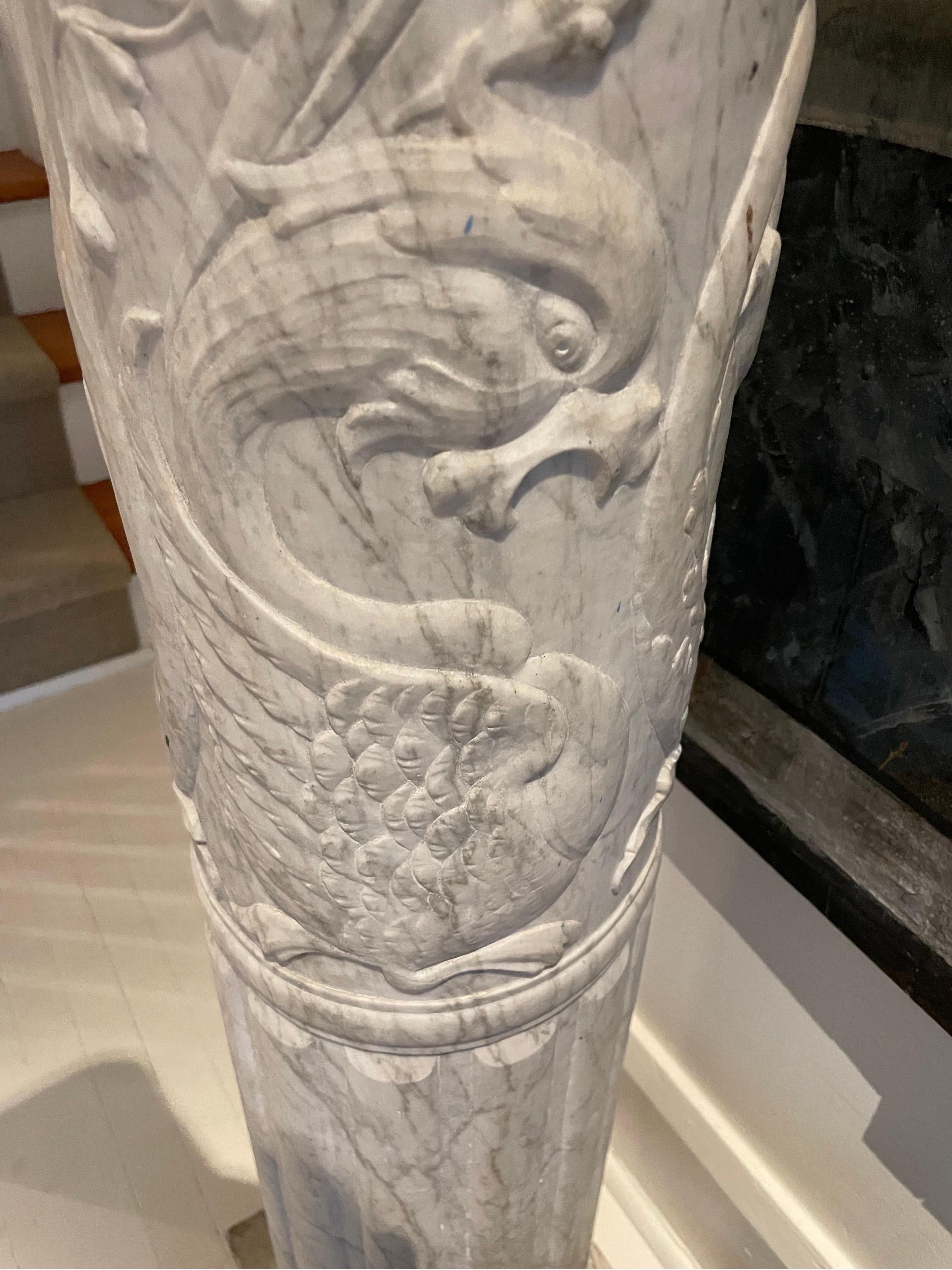 Unique pair of relief carved solid marble columns with figures of dragons and birds 