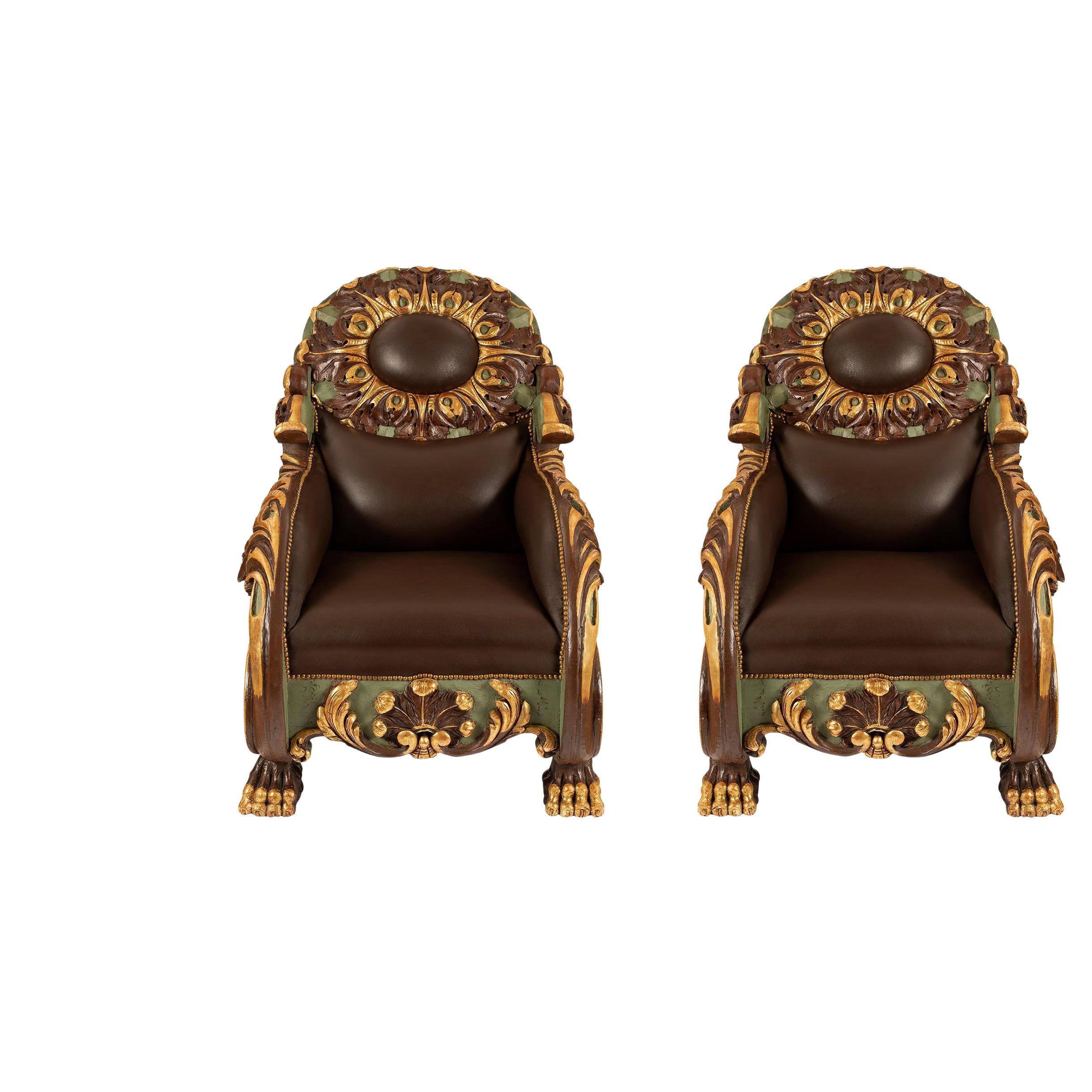 Pair of Italian Early 19th Century Baroque Polychrome and Giltwood Armchairs For Sale