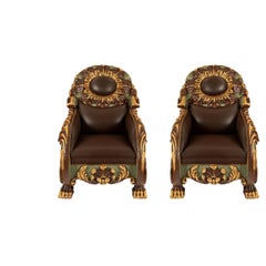 Pair of Italian Early 19th Century Baroque Polychrome and Giltwood Armchairs