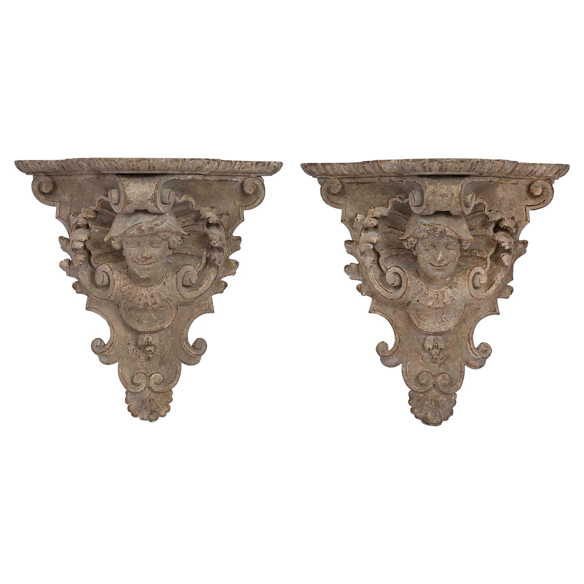 Pair of Italian Early 19th Century Carved and Patinated Venetian Wall Brackets For Sale